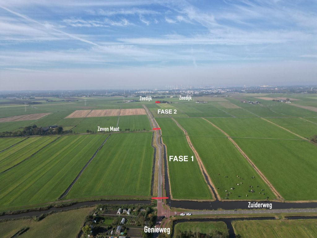 Luchtfoto werkzaamheden Genieweg met fasering afsluitingen.